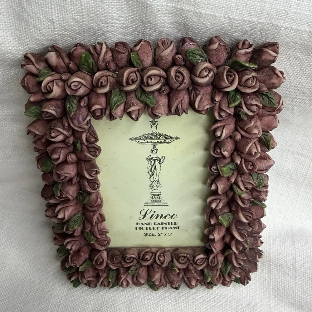 Vintage Linco Hand Painted 2” x 3” Detailed Floral Rose Cottage Picture Frame